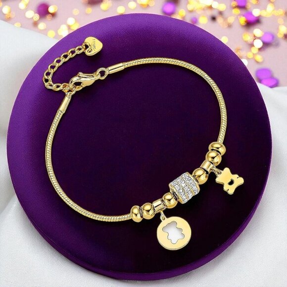 🆕️18K Gold Plated Bear Charm Bracelet with Sparkling Rhinestones & Beads 💫🐻 - Picture 1 of 13